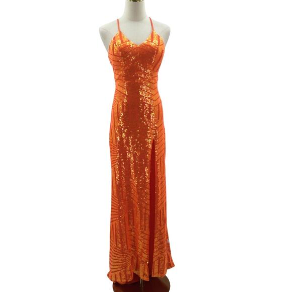 POMUYOO SZ 4 S orange sequin formal prom backless bodycon party maxi dress b68 - Picture 1 of 8
